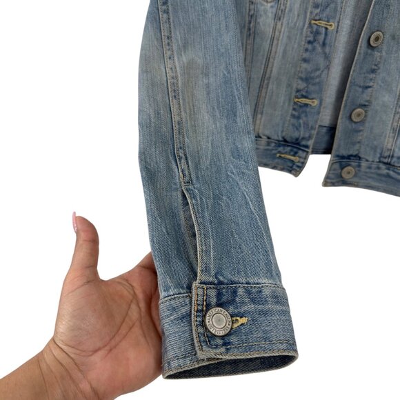 American Eagle Womens S/P Retro Cropped Denim Jacket Aztec Red Back Panel Casual - Picture 11 of 15